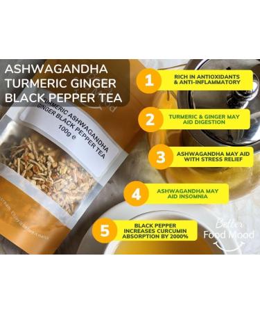 Turmeric Ashwagandha Ginger Black Pepper Loose Leaf Tea 100gm - Digestion & Stress Relief | Superfood | Antioxidant Rich - No Caffeine - Buy Online on GoSupps.com