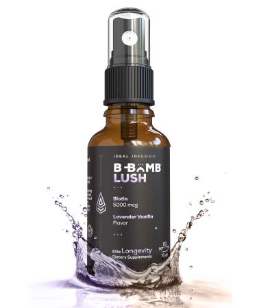 Ideal Infusion B-Bomb Lush Biotin Liquid Spray: Organic Lavender Vanilla - 5000mcg, Hair Growth Vitamin for Thickness and Volume - Skin Health, Stronger Nails, Keto, Vegan