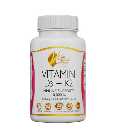 Coco March Vitamin D3+K2 10 000 IU - 4 Month Supply HIGH Potency - Immune & Joint Health Gluten Free GMO Free Dairy Free Keto Friendly Paleo Friendly 250 mcg of D3-180 mcg of Vitamin K2