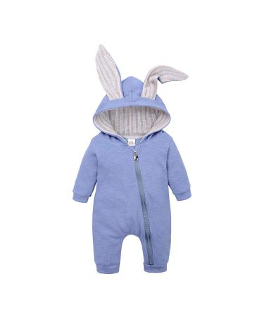 Kids Tales Newborn Baby Winter Warm Outfits Cute Rabbit Ear Hooded Zipper Romper 6-9 Months Blue