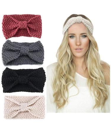 4 pieces of women knitted headband elastic hair bands Bow wool turban headwrap headbands winter headband (red gray black pink)