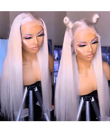 Ambeson Ice Pink Color Long Straight Hair Lace Front Wigs Glueless Synthetic Lace Front Wigs for Women White Pink Hair