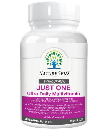 NatureGenX - Just One Daily Methyl Multi MTHFR Supplement with Methyl B12 (methylcobalamin) & Methyl Folate Complete Multivitamin Without Iron for Adults & Bariatric Patients - 60 Capsules (2 Months)