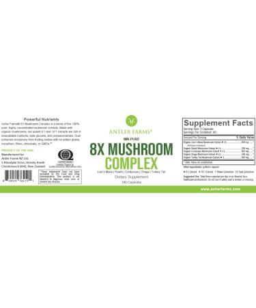 Antler Farms 100% Pure 8X Mushroom Complex - Organic Five Mushroom Blend - Lion's Mane, Reishi, Cordyceps, Chaga, Turkey Tail - Fruiting Bodies Only - Buy Online on GoSupps.com