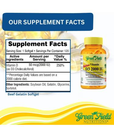 Greenfield Nutritions Halal Vitamin D3 2000 IU Softgel - 50 mcg High Potency D3 120 Unflavored Mini Softgels - Halal Vitamins D with Halal Beef Gelatin Supports Immune Bone Teeth Brain and Hair - Buy Online on GoSupps.com