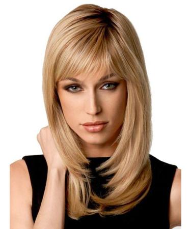 Natural Ombre Blonde Straight Wigs Long Bob Straight Blonde Hair Wigs with Side Bangs for Women + Wig Cap 21 Inch
