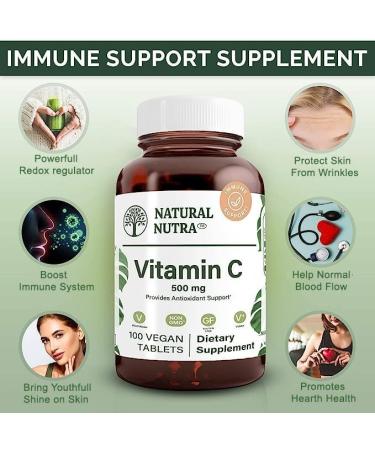 Natural Nutra Vitamin C 500mg Supplement - Immune & Heart Health Support - Youthful Skin & Overall Wellness - 100 Vegan Tablets - Buy Online on GoSupps.com