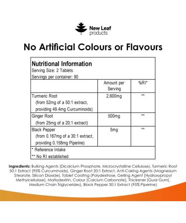 Turmeric Tablets 2600mg with Black Pepper & Ginger - 95% Curcumin Extract -180 Tablets (3 Months) High Strength Active Turmeric Supplements Not Turmeric Capsules by New Leaf - Buy Online on GoSupps.com
