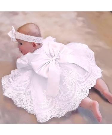 Baby Girls Lace Tulle Princess Dress with Bowknot Headwear | White | 3-6 Months - Buy Online on GoSupps.com
