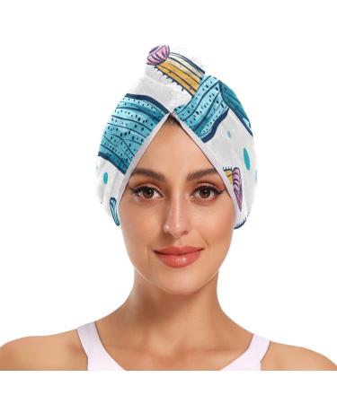 Hand Drawn Cactus Hair Towel 2 Pack Super Absorbent Hair Drying Towel Quick Dry Hair Turbans Head Towel with Button Twisty Wrap for Women Girls