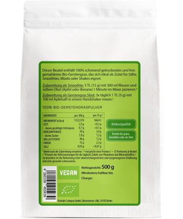 Buy Lebepur Organic Barley Grass Powder 500g - Raw Food Quality Vegan Gluten-Free & Lactose-Free Lab-Tested From German Cultivation - Buy Online on GoSupps.com