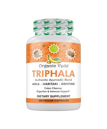 Organic Veda Triphala Powder 300 Capsules 1000mg - Organic Triphala Supplement for Colon Cleanse Immune Gut & Digestion Health - Whole Green Antioxidants Amla Haritaki & Bibhitaki - Vegan Pills