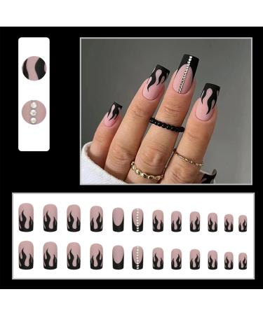 Buy IMSOHOT Matte Square Press on Nails - Medium Black Flame French Tips with Rhinestones | 24 Pcs Full Cover Acrylic Nails - Buy Online on GoSupps.com
