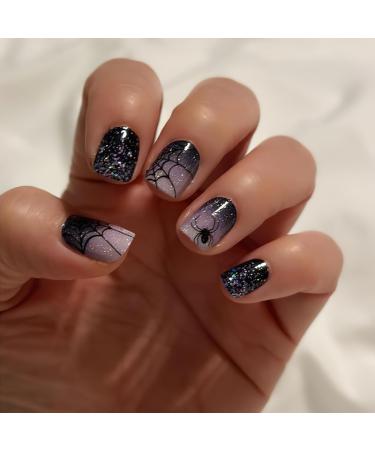 Halloween Press on Nails Short Square Fake Nails Glitter Sparkly Black Gradient Full Cover False Nails Horror Black Spiderweb Glue on Nails Glossy Spider Acrylic Nails for Women Girls 24Pcs 1-Purple Gradient Glitter
