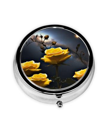 Beautiful Yellow Roses Portable Metal Pill Box Round Mini 3-Compartment Plastic Insert hinged Fastening Design Suitable for Small Pills Must-Have for Travel Black