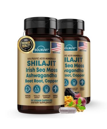 Shilajit Pure Himalayan Organic Capsules with Irish Sea Moss Ashwagandha Copper Beet Root - Fulvic Acid Trace Minerals Supplement for Men & Women - 90 Count Non-GMO Gluten-Free 90 Count (Pack of 1)