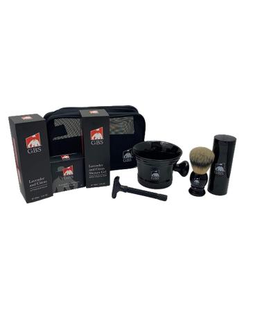 G.B.S Men's set Black Adjustable Safety Razor Shower Gel Black Ceramic Mug Lavender Aftershave Shower Gel and Shave Soap Synthetic Brush with Travel Cannister and Mesh Travel Bag.
