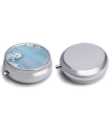 Round Pill Box with White Flowers & Light Blue Wood Print - 3 Compartment Portable Pill Organizer - Decorative Metal Pocket Pill Case - Style 42 - Buy Online on GoSupps.com
