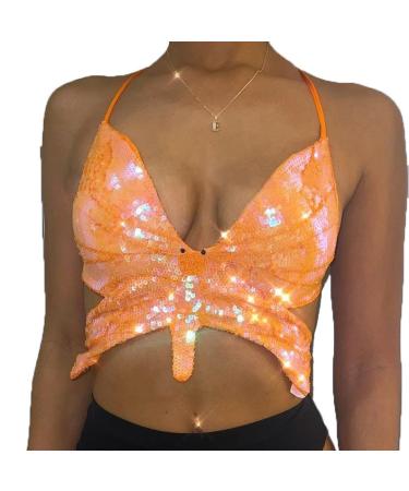 Nicute Women's Sequin Strapless Bra Top Butterfly Sequins V-Neck Top Festival Outfits for Women and Girls Orange