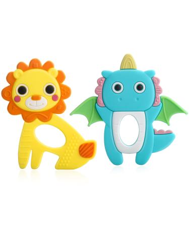 Safeswee Baby Teething Toys 2 Pieces Silicone Baby Teether Freezer Safe Baby Chew Lion and Dinosaur Teether Toys for Babies 0-6 Months 6-12 Months  Baby Toys Gifts for Boys and Girls Orange and Blue