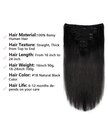 Liwihas 16 Silky Straight Clip in Human Hair Extensions for Women - Natural Black Remy Hair, Double Weft, 90g 7pcs with 16 clips - 1B - Buy Online on GoSupps.com