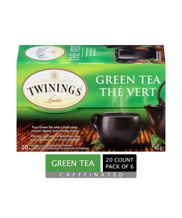 Twinings Pure Green Tea Individually Wrapped Tea Bags | 100% Pure Green Tea Smooth Flavour Enticing Aroma | Caffeinated | 20 Count (Pack of 6) | Enjoy Hot or Iced Pure Green Tea 20 Count (Pack of 6)