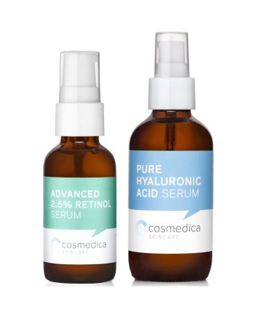 Cosmedica Skincare Retinol 2.5% Serum 1 Fl. Oz & Hyaluronic Acid Serum 4 Fl. Oz Bundle Anti-Aging Hydrating Duo for Fine Lines Wrinkles Discoloration & Acne Scars