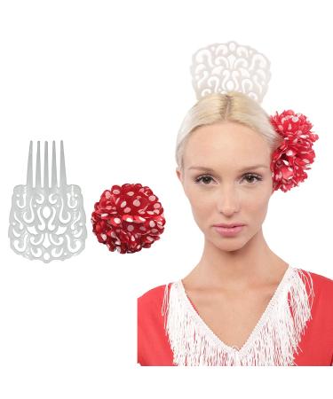 Flamenca Hair Comb Large 18 x 13 cm and Flower Hair Clips for Party Sevillana 2 Pack (White / Red) White Red Dot