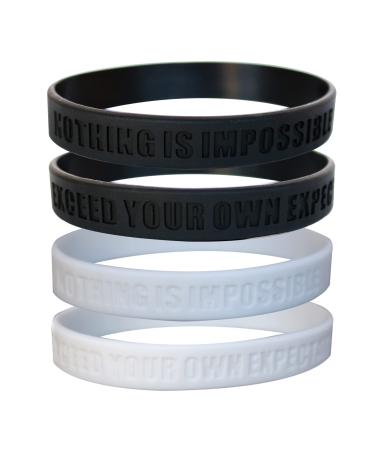 Nothing is Impossible Exceed Your Own Expectations Motivational Silicone Wristbands Rubberband Bracelets for Fitness Workouts Exercise Basketball Lifting Team Sports Black & White 4 Pack (2 each)