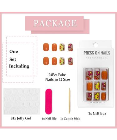 Glossy French Tips Short Square False Nails - 24Pcs Cute Cartoon Flower Design | Reusable Press on Nails with Glue Stickers | Nail Art Accessories for Women and Girls - Buy Online on GoSupps.com