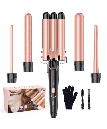 BESTOPE PRO Curling iron curling iron 3 sheets 5in1 curling iron set 3 barrels for large waves temperature setting quick heating and a glove 2 clips rose gold