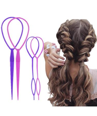 Vrose Flosi Topsy Tail Hair Tool Hair Pull Through Tool Hair Loop Styling Tool - Ponytail Maker French Braid Loop For Hair Styling Gifts For Women - Braiding Hair Supplies (pink+purple)