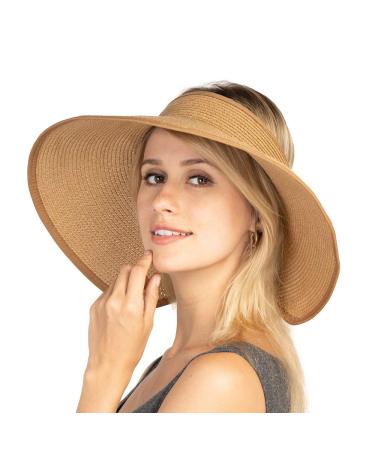Women Sun Visors Foldable Straw Hats Summer Beach Packable Hat Floppy Wide Brim Cap Deep Style, Adjustable Size Khaki 3