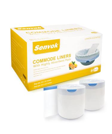 Senvok Commode Liners with Highly Absorbent Pads - Lemon Scent Pack of 60 - Medical Grade - Universal Fit - Leak-Proof - Bedside Commode Liners and Pads Disposable, Toilet Liners Disposable Adult