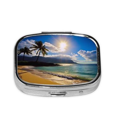 Hawaii Beach Printing 2 Compartment Small Pill Case Cute Small Pill Box Purse Pill Boxs Travel Pill Organizer for Pocket Purse and Travel Gifts