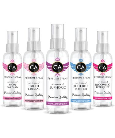 CA Perfume Best Summer Perfume Women Set Impression of (Light Blue + Bright Crystal + Blooming Bouquet + Euphoric + Mon Parisian) Fragrance Sample Travel Size Parfum Sprayer (2 Fl Oz/60 ml) x 5