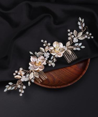 Deniferymakeup Flower Bride Wedding Hair Vine with Combs Gold Leaf Bridal Headband Opal Rhinestones Hair Breath Accessories for Women and Girls - Buy Online on GoSupps.com
