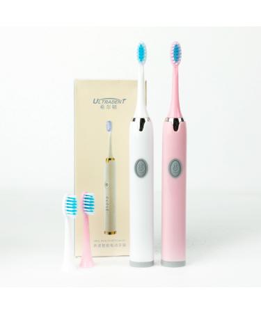 Portable Battery Powered Rechargeable Toothbrush for Teeth whitening 4 Brush Heads 2 Piece Set White+Pink