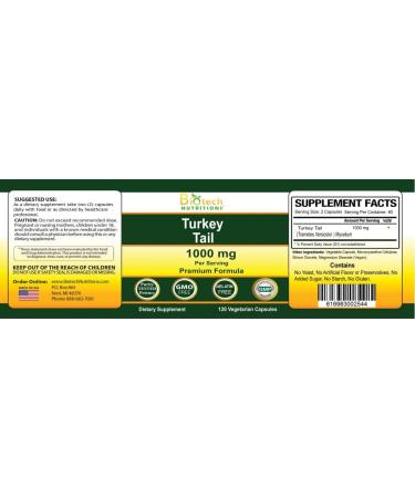 Biotech Nutritions Non-GMO Turkey Tail Mushroom 1000 Mgper Serving 120 Vegetable Capsules - Buy Online on GoSupps.com