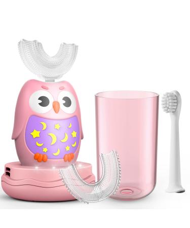 Kids Electric Toothbrush, U Shaped Ultrasonic Automatic Toothbrush with 3 Brushing Heads and Cup, IPX7 Waterproof, Best Gift for Kids Age 2-12 (Pink)
