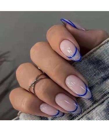 Aksod Glossy Almond Press on Nails Blue Line Medium Fake Nails Designed Oval Geometric French Nails Tips Cute Ballerina Full Cover Acrylic Aritficial False Nails Sets for Women and Girls 24Pcs (B)