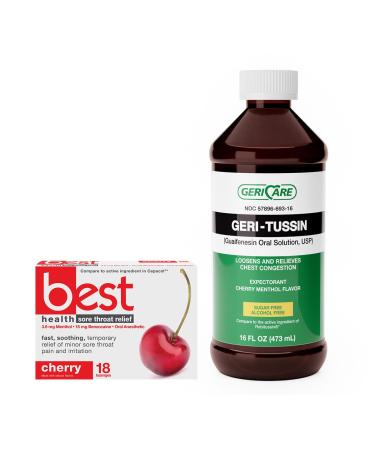 Geri-Tussin Liquid 16 Oz Guaifenesin 100 mg & Sore Throat Relief Lozenges 18 Count Bundle Chest Congestion Expectorant with Benzocaine 15 mg Menthol 3.6 mg Fast Soothing Throat Relief Cold & Flu