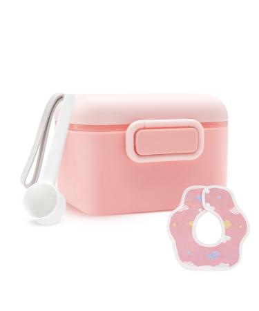 Milk Powder Dispenser with Cotton Bib 400ML Baby Portable Formula Powder Pot with Scoop Milk Powder Container with Sealed Silicone Ring Cover for Travel Outdoor 400ML Pink
