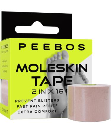 Peebos Moleskin Tape - 2in x 16ft - Blister Prevention Tape Foot Padding Tape | Water Resistant & Hypoallergenic | Thin Mole Skin Padding & Athletic Tape for Running Hiking Walking - Single Roll