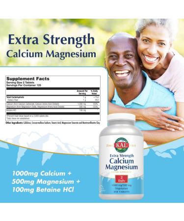 KAL Extra Strength Calcium Magnesium 1000mg/500mg | Healthy Bones & Teeth Support | Rapid Disintegration | Vegetarian | 250 Tablets - Buy Online on GoSupps.com