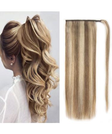 Ponytail Extension Human Hair Clip on Ponytail Hair Extension 100% Real Remy Human Hair Wrap Around Ponytail Long Straight Ponytail Hairpiece Pony Tails Hair Extensions (14inch, P10/613(Light Brown and Bleach Blonde)) 14 I…