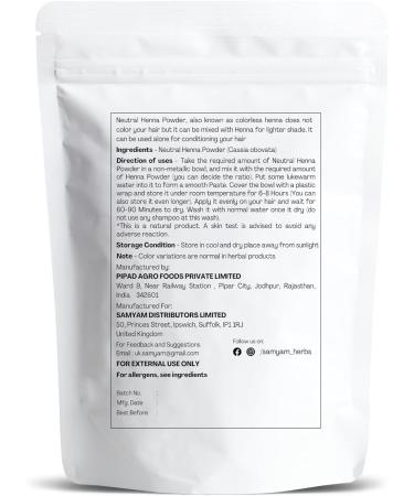 SAMYAM Poudre de henn incolore/Henn neutre/Henn de cassia - Paquet de 1 kg | Apr s-shampoing naturel sans PPD ni produits chimiques - Buy Online on GoSupps.com