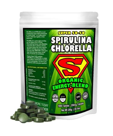 Spirulina Chlorella Cracked Cell Wall Super 50-50 Super-Pack 1,000 Tablets - Raw Organic Gluten-Free Non-GMO Green Superfood. High Protein, Chlorophyll & nucleic acids. No preservatives, No fillers