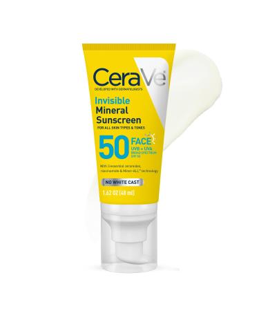 CeraVe Invisible Mineral Sunscreen SPF 50 Face Sunscreen for Sensitive Skin With Zinc Oxide & Titanium Dioxide Vitamin E + Niacinamide + Ceramides Oil Free Travel Size 1.62 oz