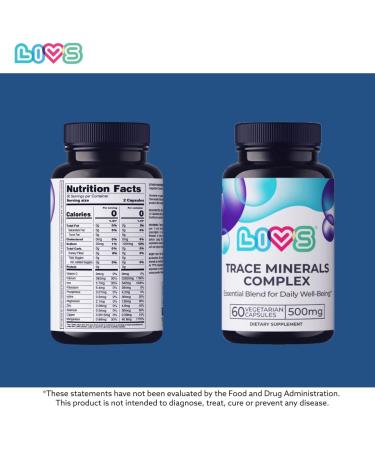 LIVS Trace Mineral Complex 500mg Vegetarian Capsules | 11 Essential Trace Minerals for Immune Cellular & Electrolyte Support | Daily Magnesium Supplement with Zinc Potassium Calcium 60 Count Trace Mineral Complex Pac  - Buy Online on GoSupps.com